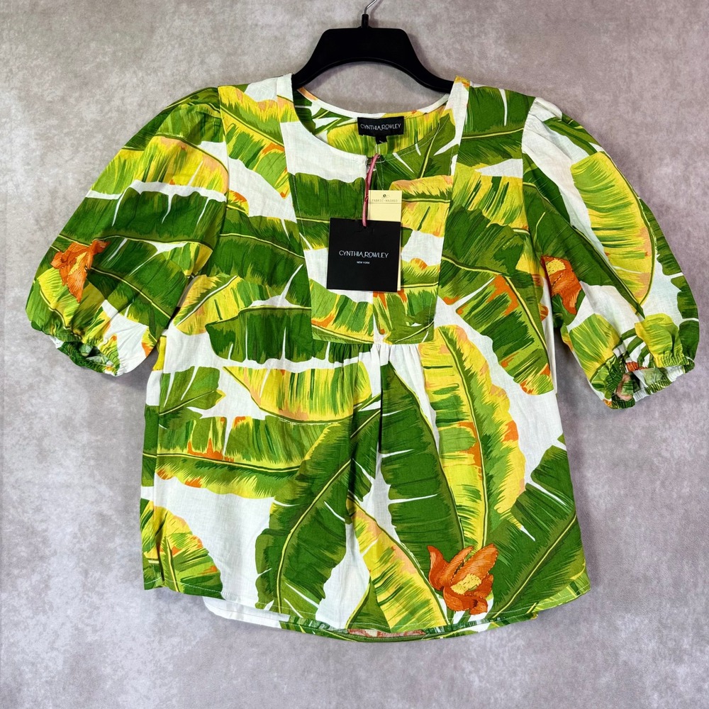 Cynthia Rowley 2 Piece Set Women Large Green Tropical Banana Leaf Top Pants NEW